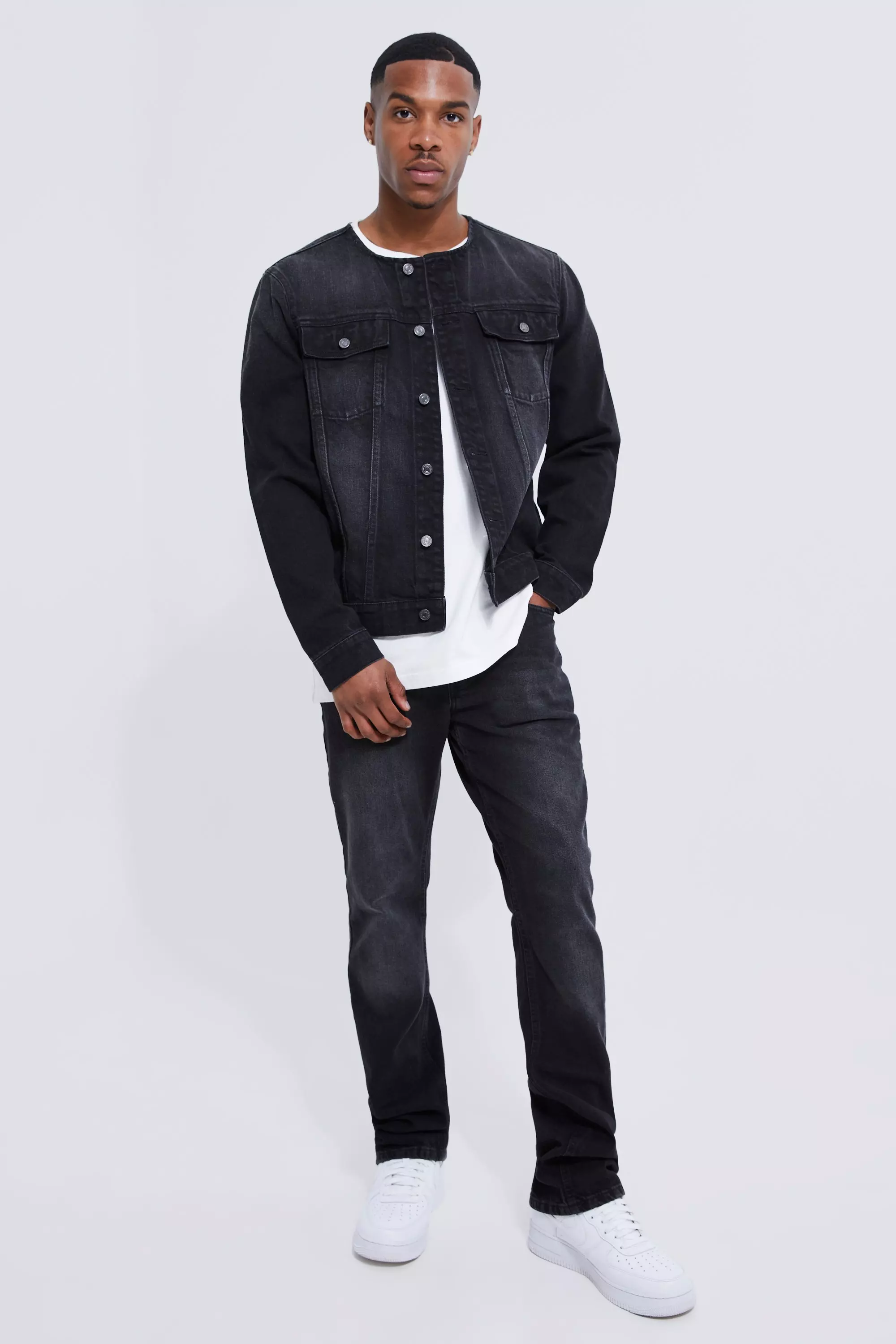 Collarless black sale denim jacket